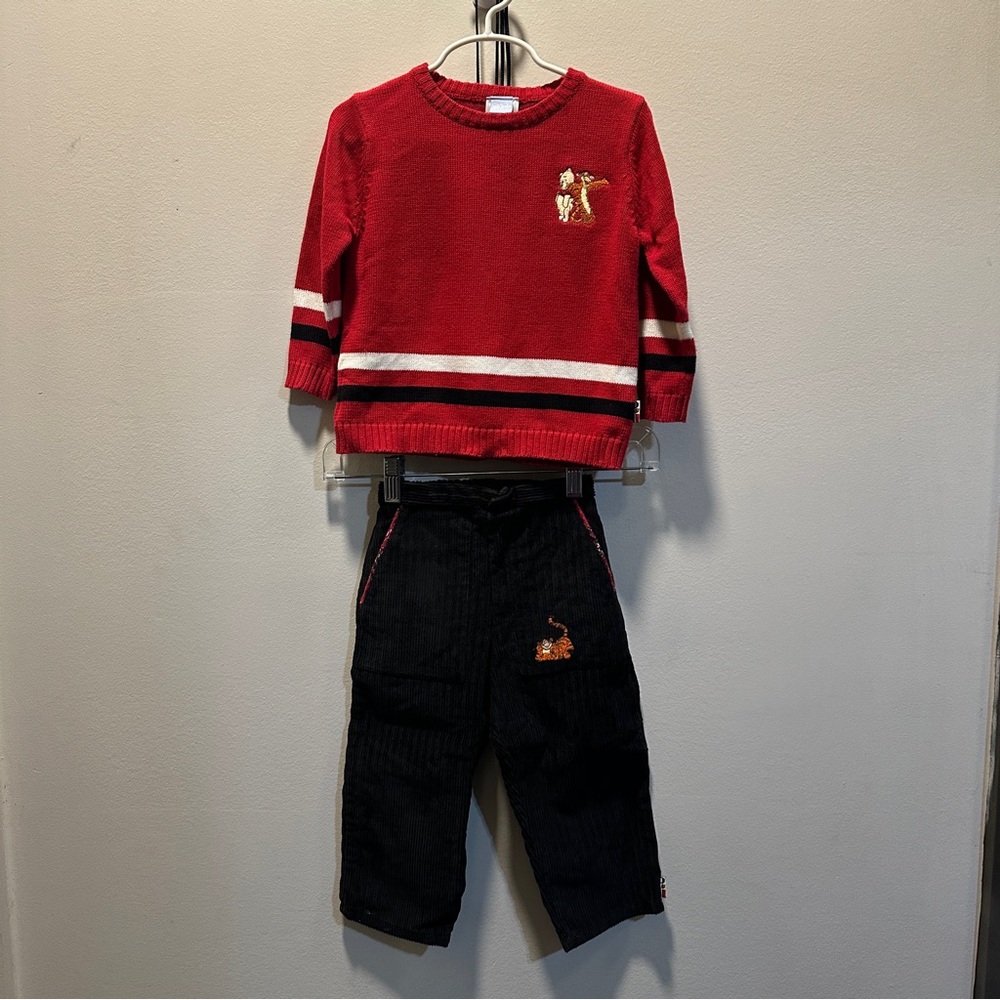 Disney Vibrant Red Knit Sweater & Black Corduroy Pant Set 24 months
